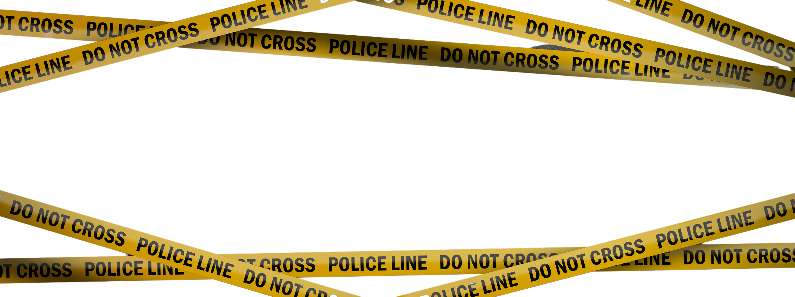 Crime scene with yellow police line. True crime story podcast background banner with copy space. Do not cross tape and dark concrete wall.